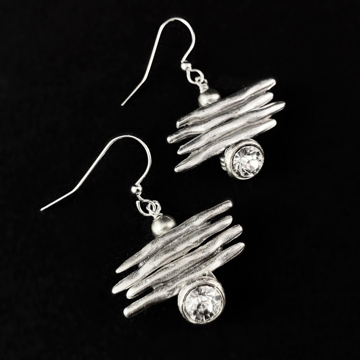 Silver Solar Spike Earrings with Clear Crystals, Handmade, Nickel Free - Noir