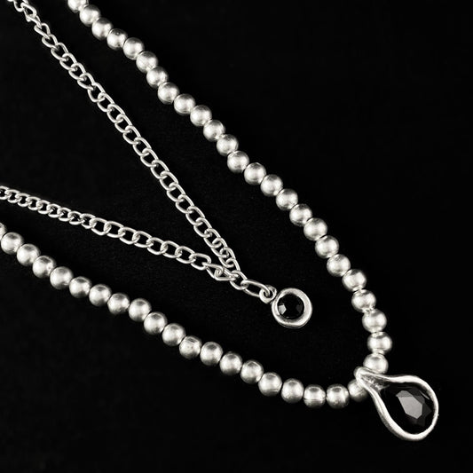 Long Two Strand Layered Necklace with Black Crystal Pendants, Handmade, Nickel Free - Noir