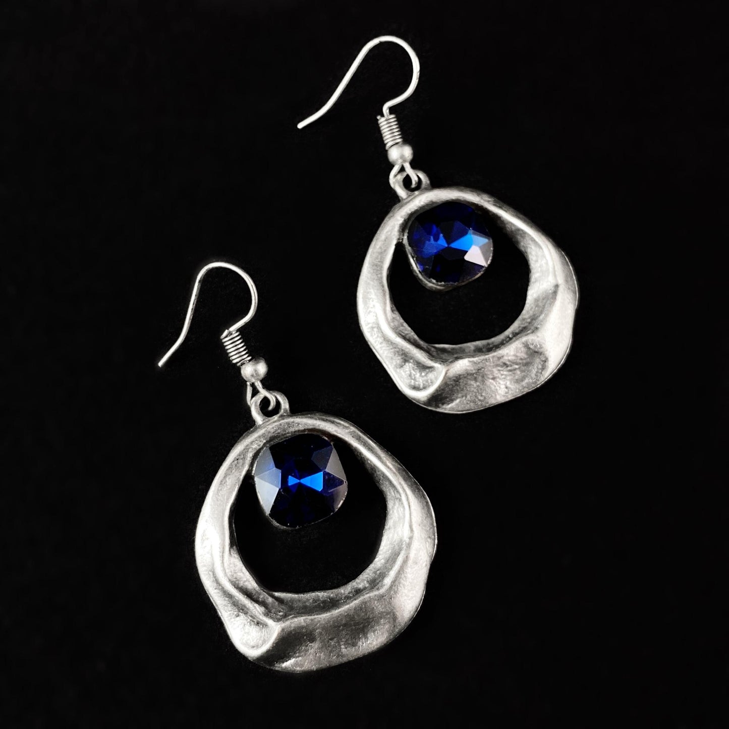 Silver Circle Drop Earrings with Deep Blue Crystal, Handmade, Nickel Free - Noir