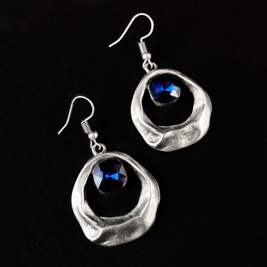 Silver Circle Drop Earrings with Deep Blue Crystal, Handmade, Nickel Free - Noir