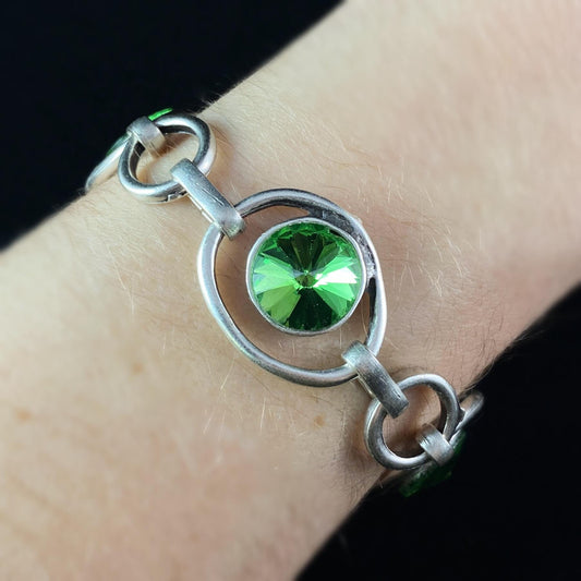 Silver Chain Link Bracelet with Green Crystals, Handmade, Nickel Free - Noir