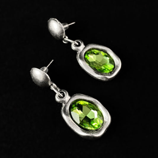 Silver Drop Earrings with Green Oval Crystals, Handmade, Nickel Free - Noir