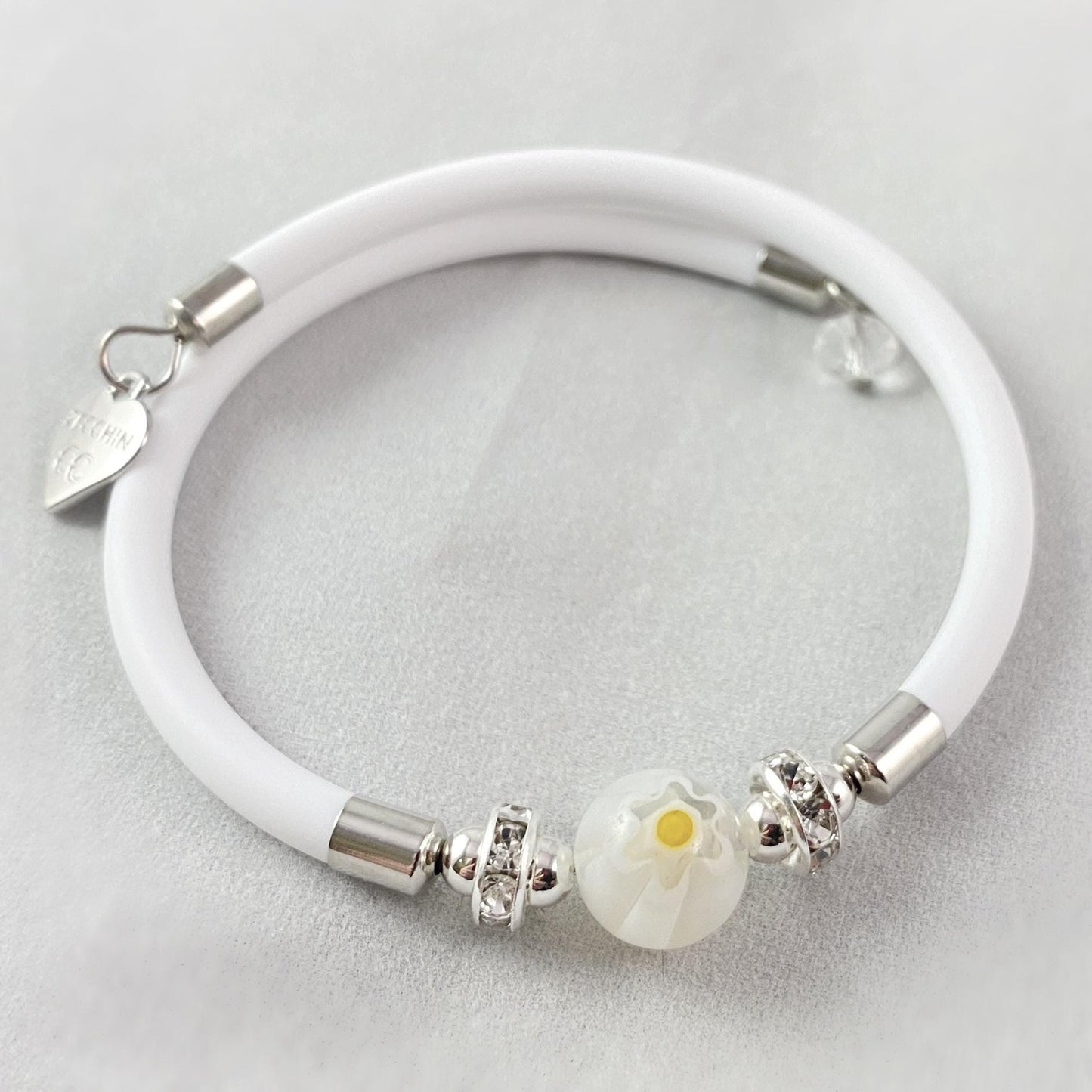 White Single Bead Venetian Glass Bracelet - Handmade in Italy, Colorful Murano Glass
