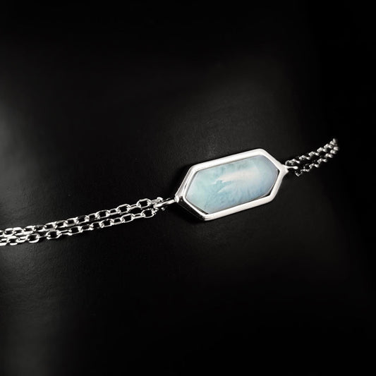 Sterling Silver Chain Link Bracelet with Natural Larimar Stone