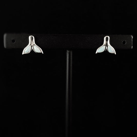 Sterling Silver Whale Tail Stud Earrings with Natural Larimar Stones