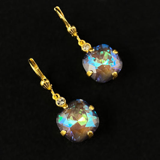 Warm Rainbow Cushion Cut Swarovski Crystal Drop Earrings - La Vie Parisienne by Catherine Popesco
