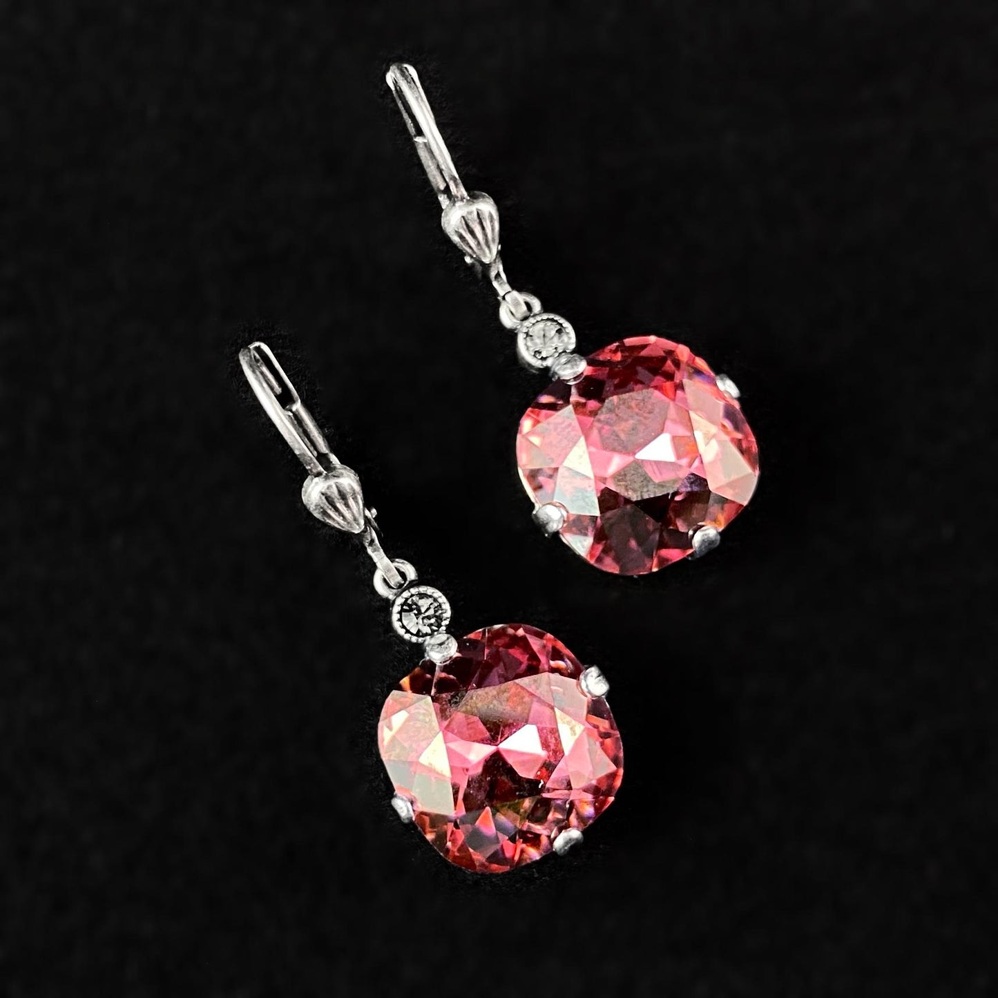 Coral Pink Cushion Cut Swarovski Crystal Drop Earrings - La Vie Parisienne by Catherine Popesco