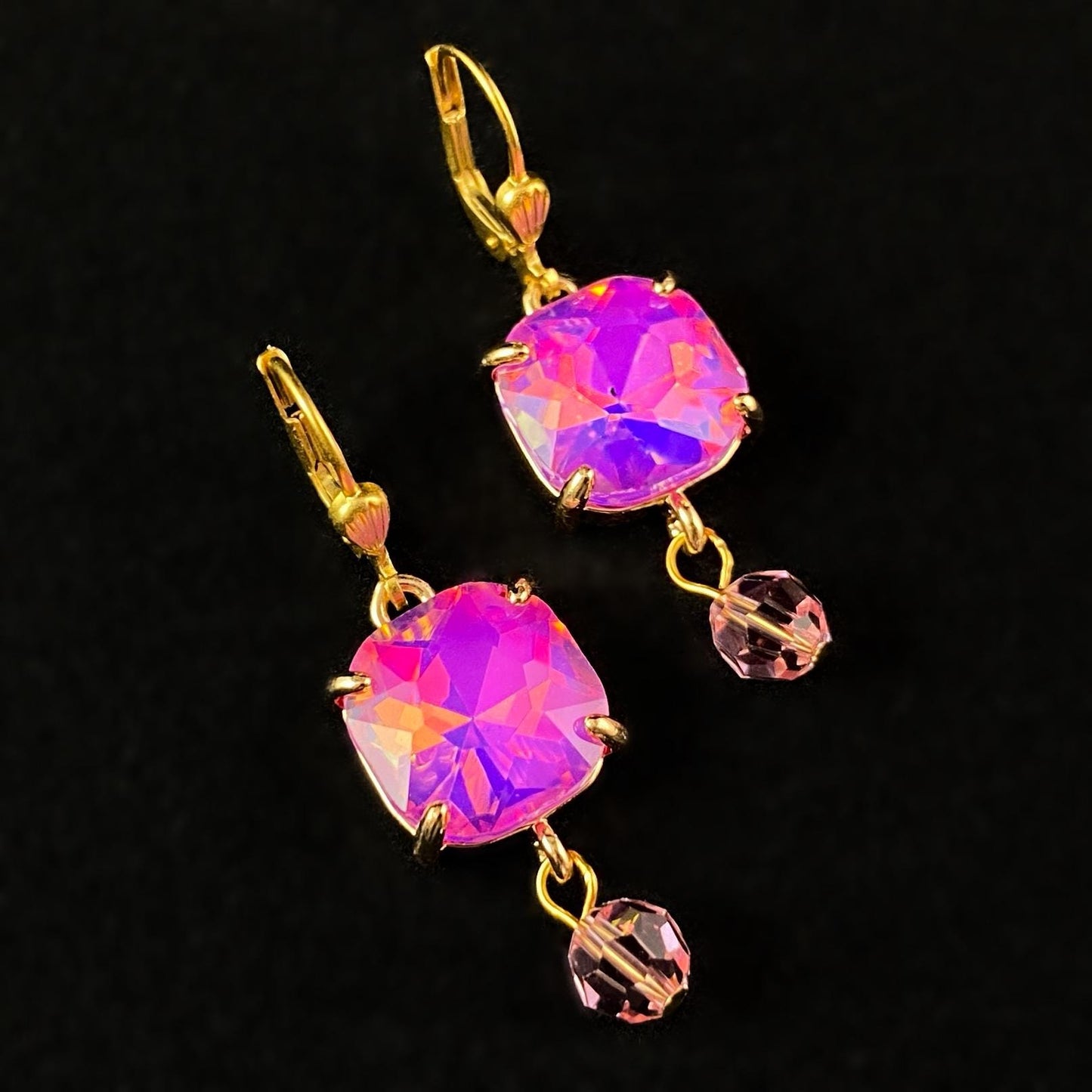 Vibrant Pink Square Cut Swarovski Crystal Drop Earrings - La Vie Parisienne by Catherine Popesco