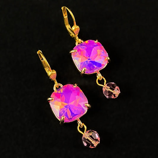 Vibrant Pink Square Cut Swarovski Crystal Drop Earrings - La Vie Parisienne by Catherine Popesco