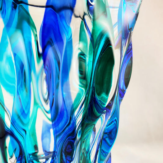 Venetian Glass Ribbon SD Whiskey Decanter, Blue Top - Handmade in Italy, Colorful Murano Glass