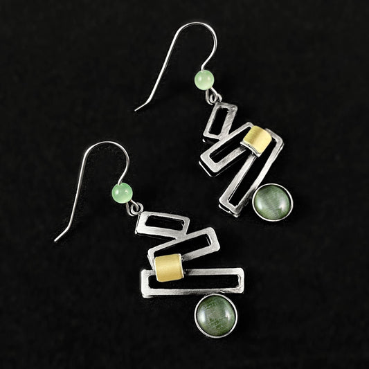 Lightweight Handmade Geometric Aluminum Earrings, Green and Silver Ladder