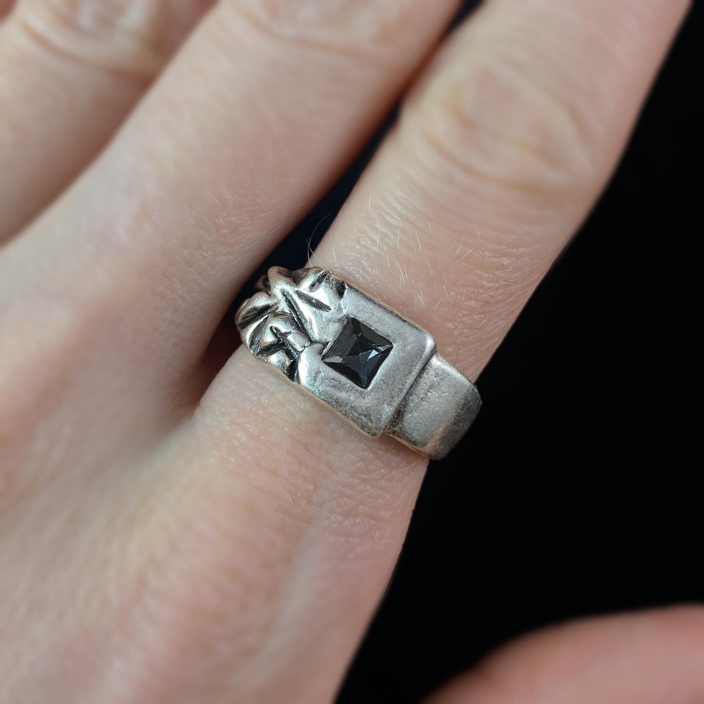 Chunky Silver Statement Ring with Gray Crystal, Handmade, Nickel Free - Noir