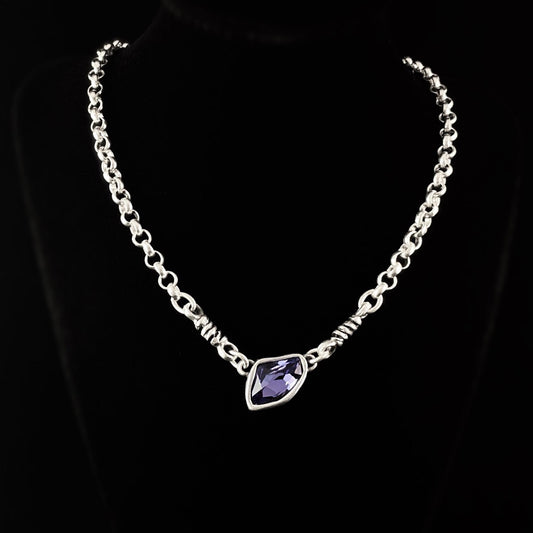 Silver Chain Link Necklace with Purple Crystal Pendant, Handmade, Nickel Free - Noir