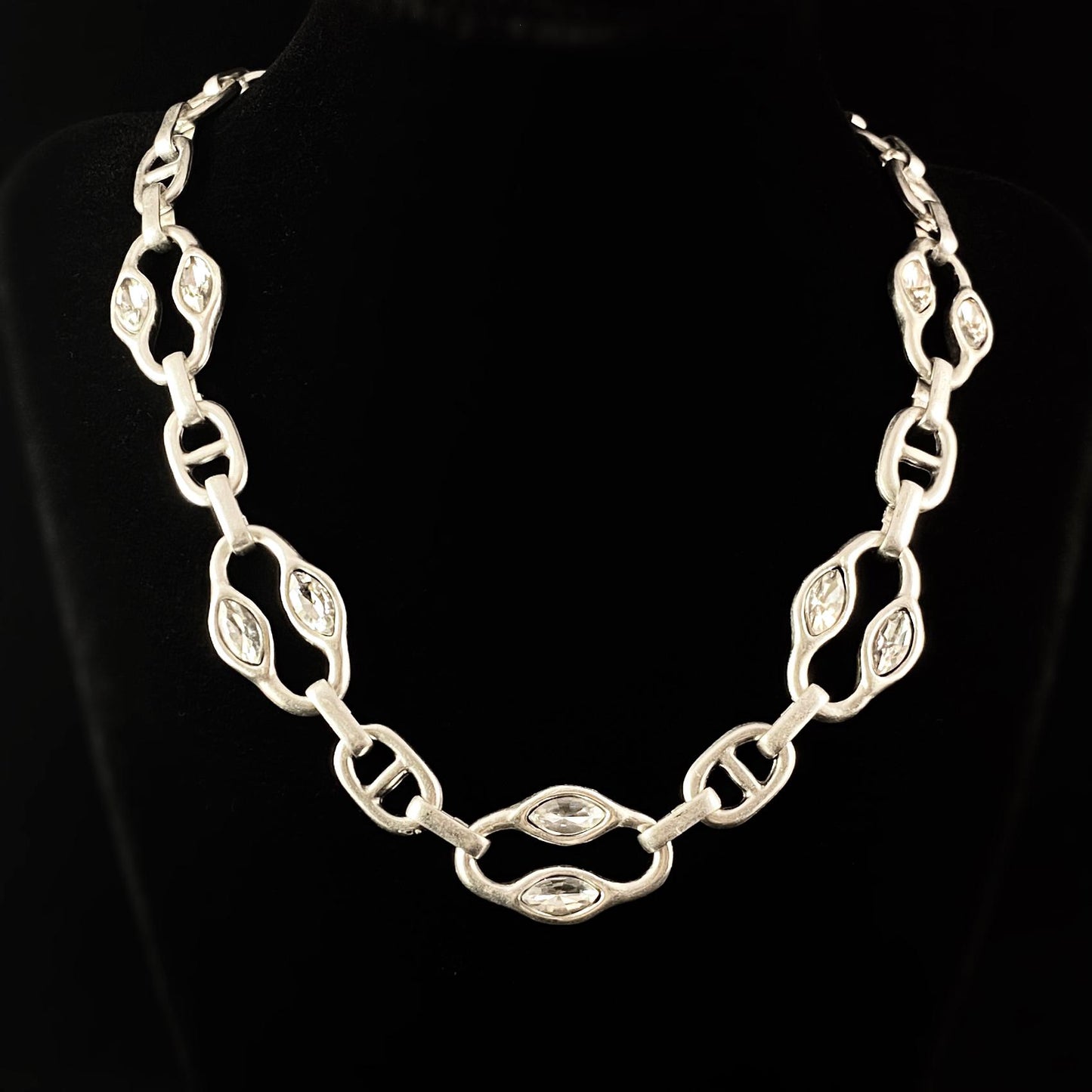 Chunky Silver Chain Link Necklace with Clear Crystals, Handmade, Nickel Free-Noir
