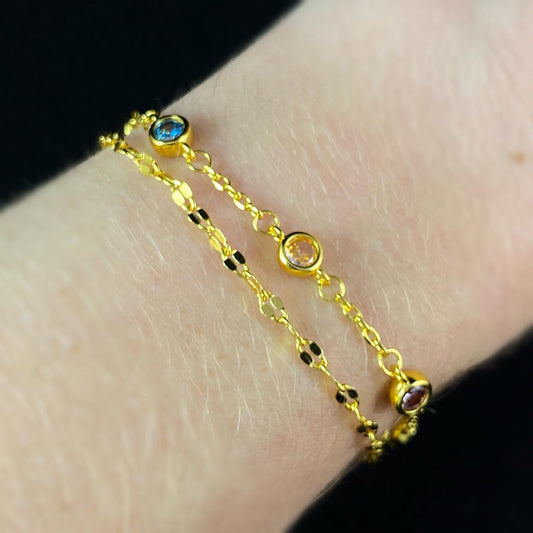 Dainty Multicolor Crystal Double Chain Bracelet, Made in USA - Peri