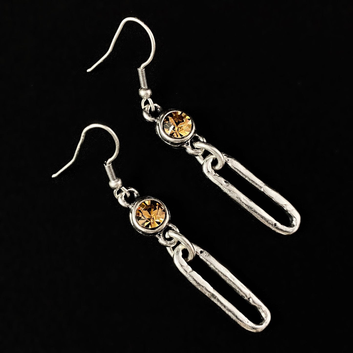 Silver Drop Earrings with Yellow Crystals, Handmade, Nickel Free - Noir