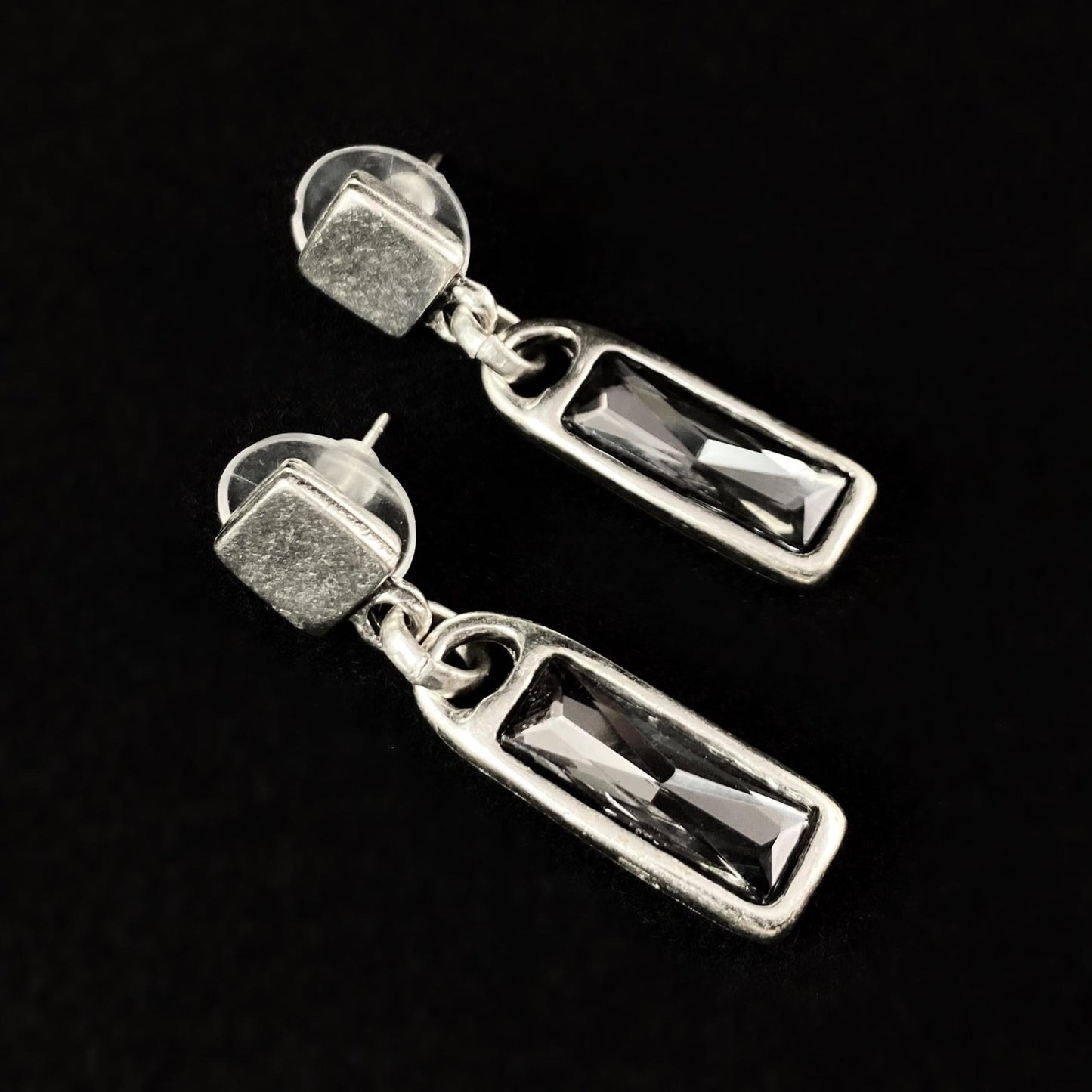 Silver Drop Earrings with Gray Crystals, Handmade, Nickel Free - Noir