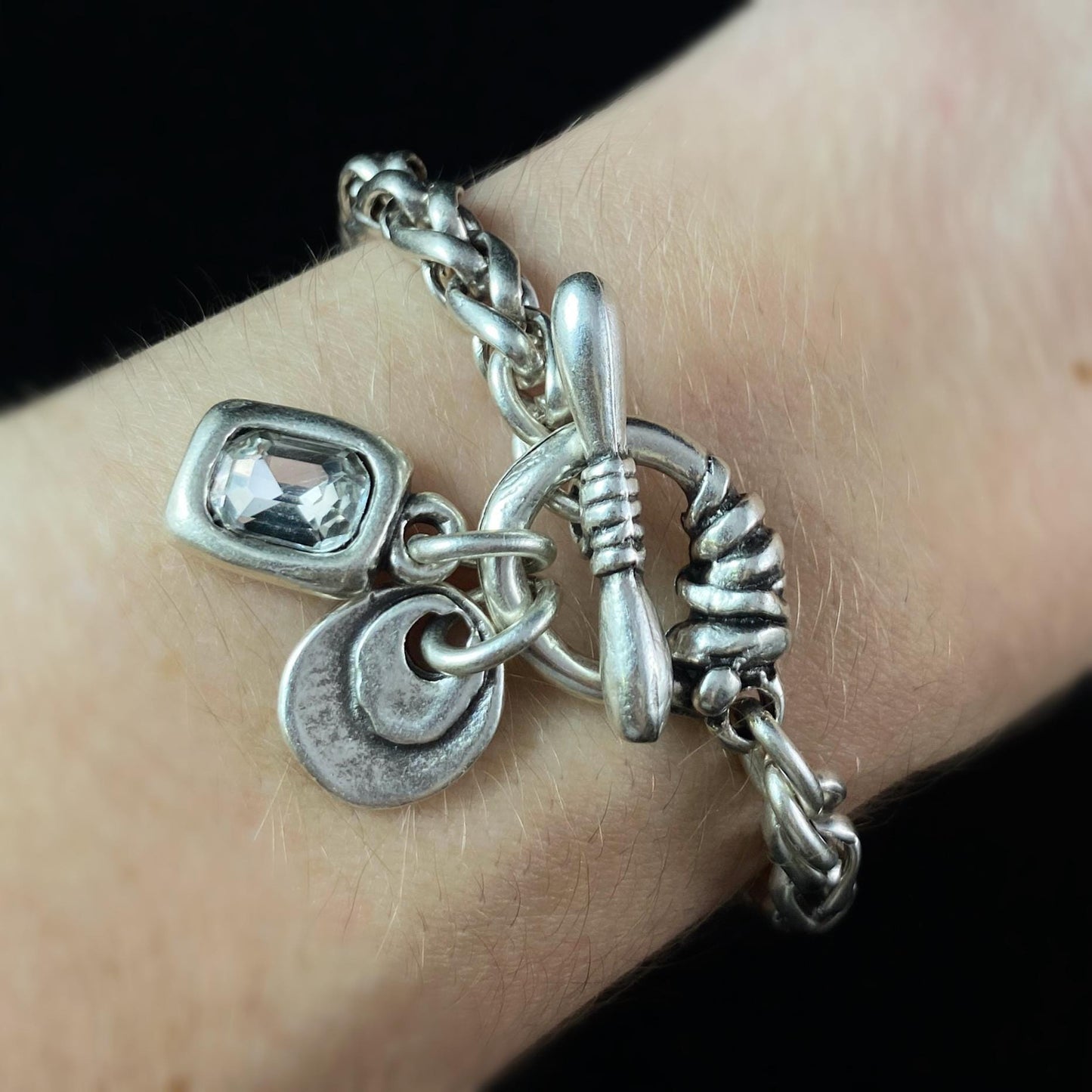 Silver Rope Chain Bracelet with Crystal and Circle Charms and Toggle Closure, Handmade, Nickel Free-Noir