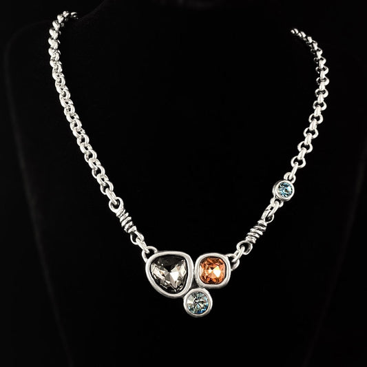 Chunky Silver Necklace with Multicolor Crystal Pendant, Handmade, Nickel Free-Noir