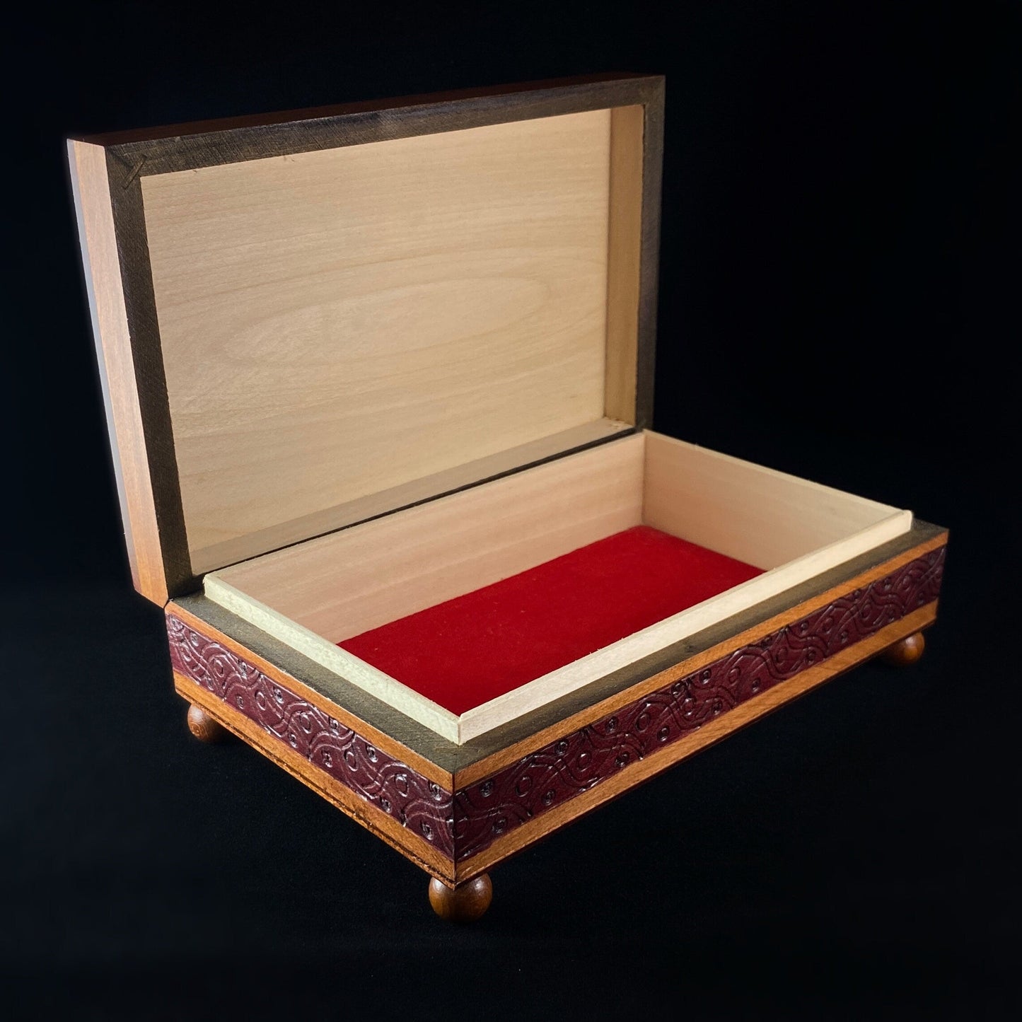 Intricate Jewelry Box with Footed Base, Handmade Hinged Wooden Treasure Box