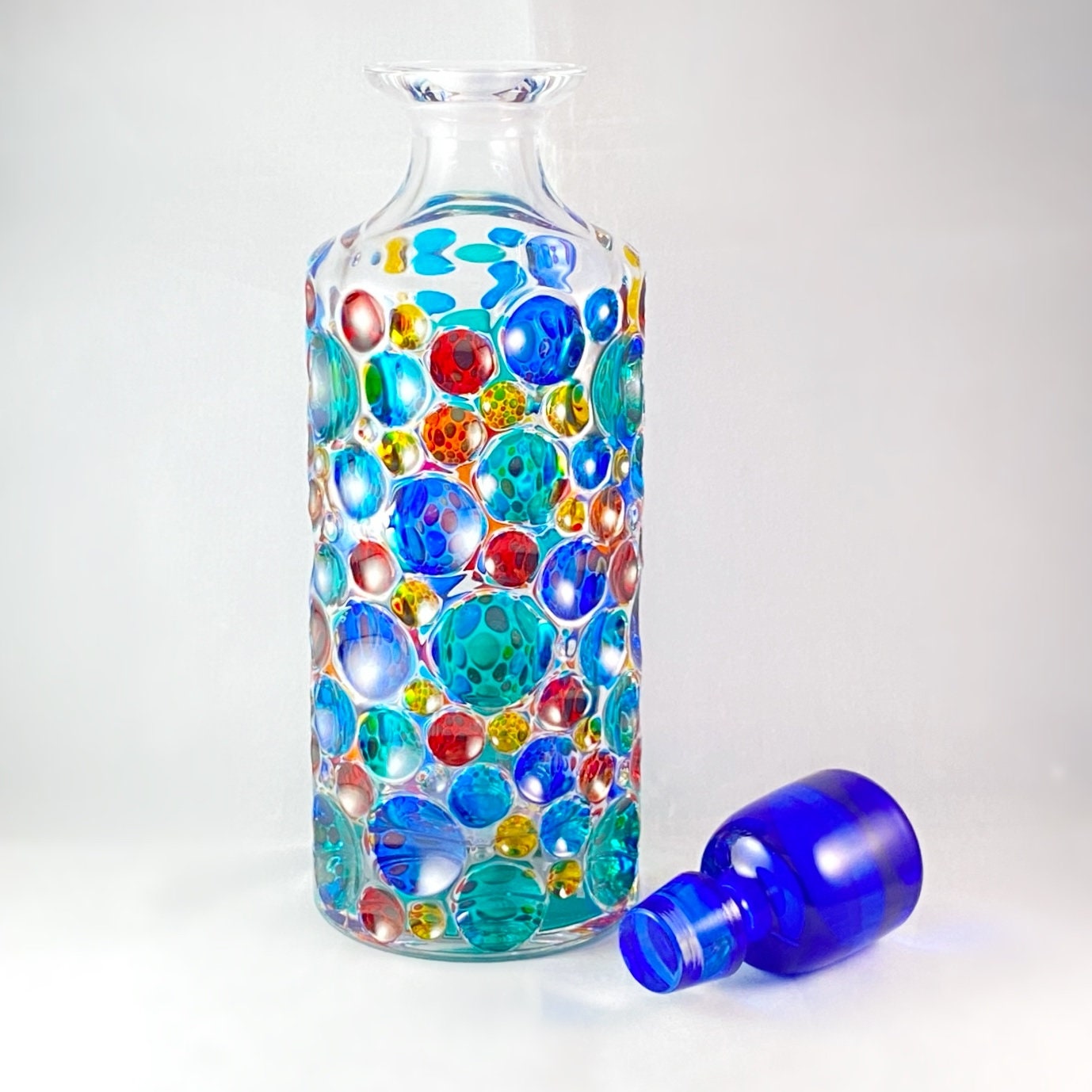 Kaleidoscope Whiskey Decanter, Blue Top - Venetian Glass Whiskey Decanter - Handmade in Italy, Colorful Murano Glass