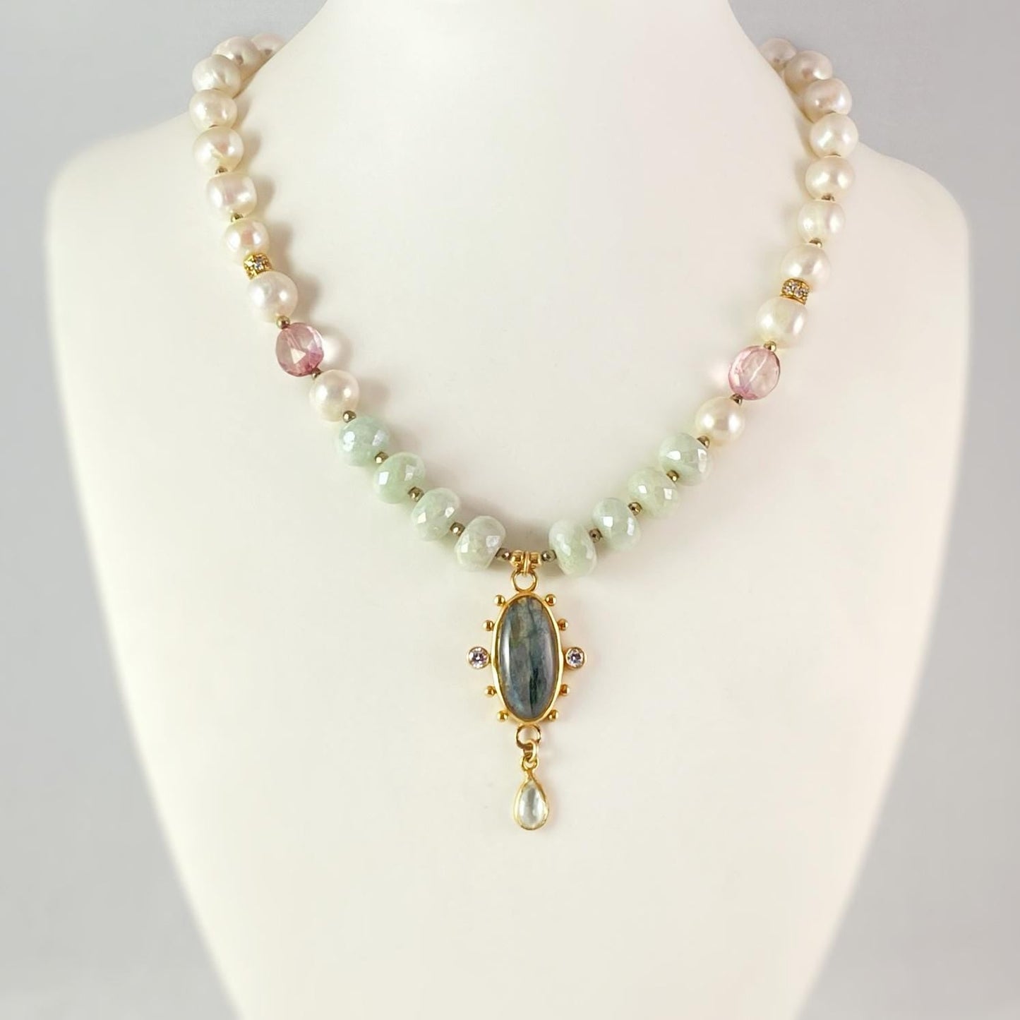 Labradorite, Silverlite, Pink Amethyst and Freshwater Pearl Necklace, Handmade in USA - Avaasi