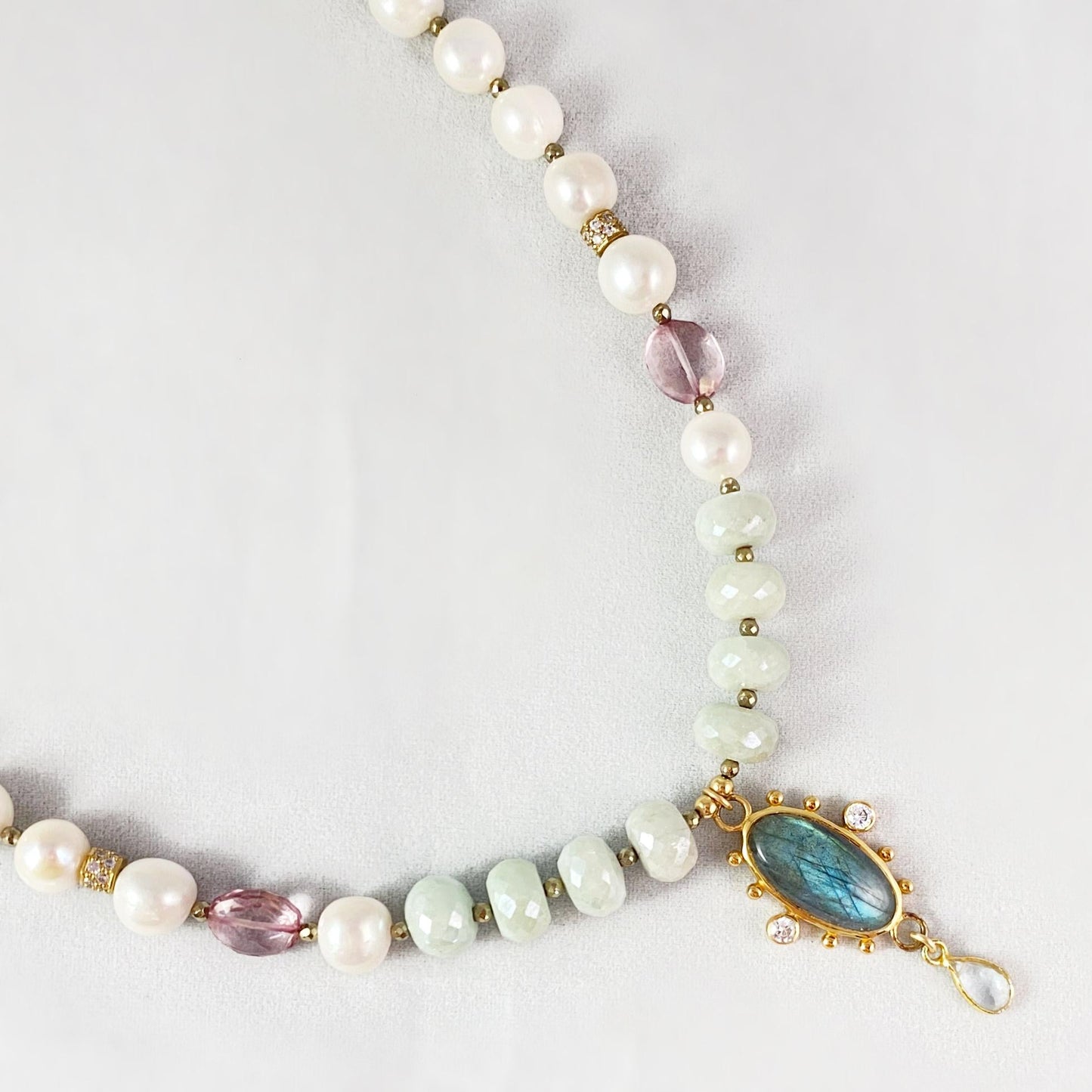 Labradorite, Silverlite, Pink Amethyst and Freshwater Pearl Necklace, Handmade in USA - Avaasi