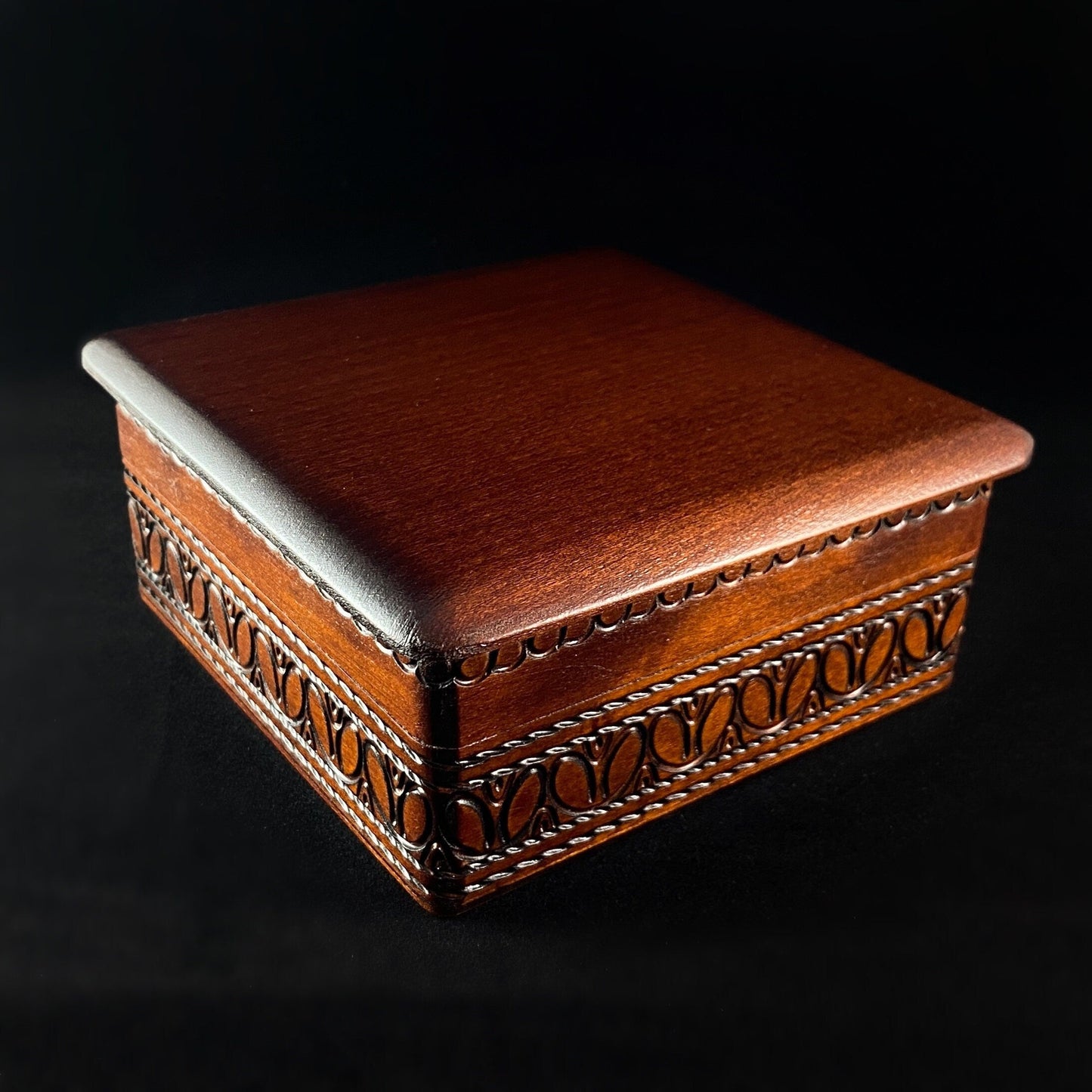 Lace Patterned Square Jewelry Box, Handmade Hinged Wooden Treasure Box