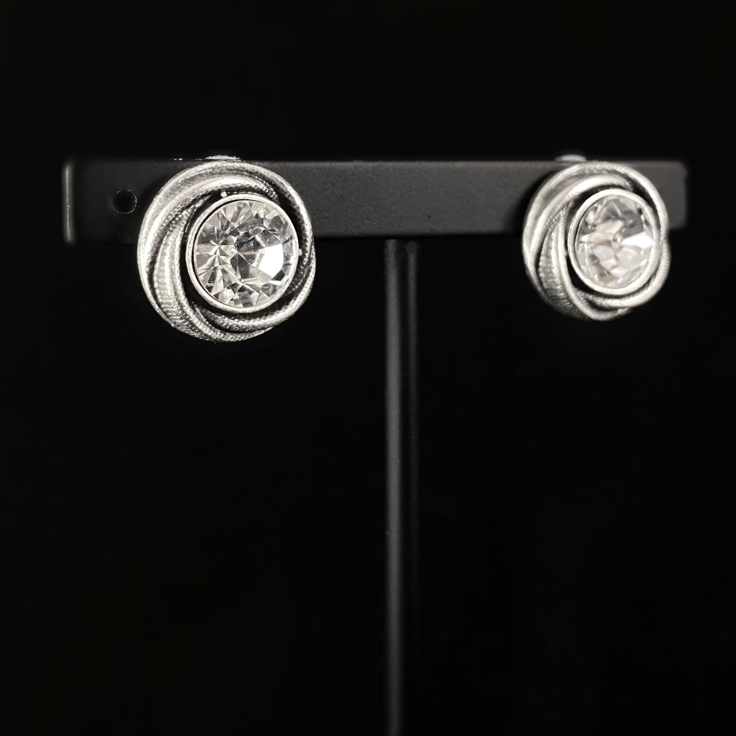 Large Silver Stud Earrings with Clear Crystal, Handmade, Nickel Free