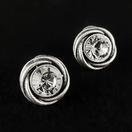 Large Silver Stud Earrings with Clear Crystal, Handmade, Nickel Free