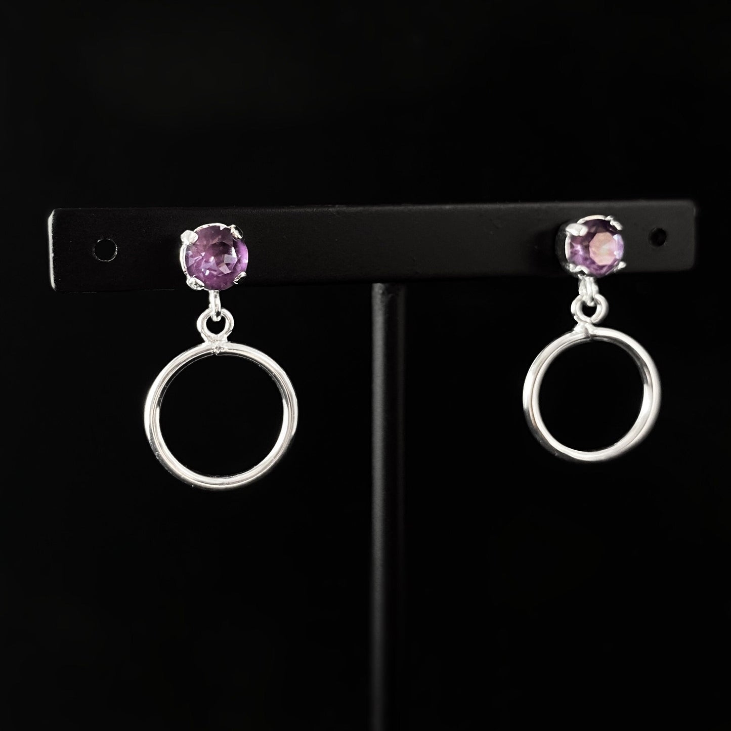 Lavender Crystal Circle Accent Silver Minimalist Stud Earrings - Handmade, Nickel Free - Ulla