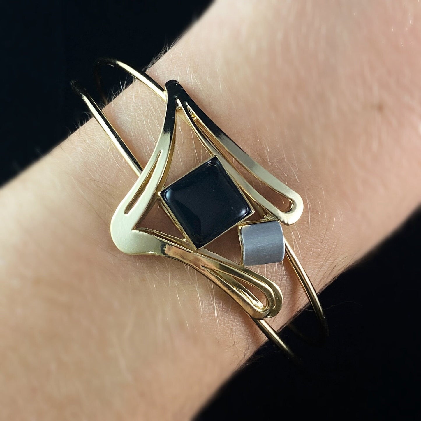 Lightweight Handmade Geometric Aluminum Bracelet, Black and Gold Flourish