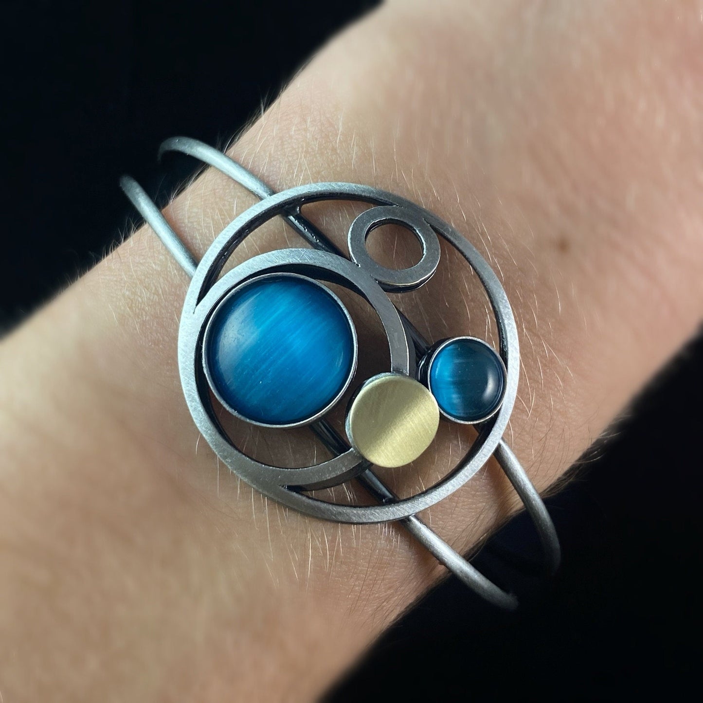 Lightweight Handmade Geometric Aluminum Bracelet, Blue and Silver Orbit