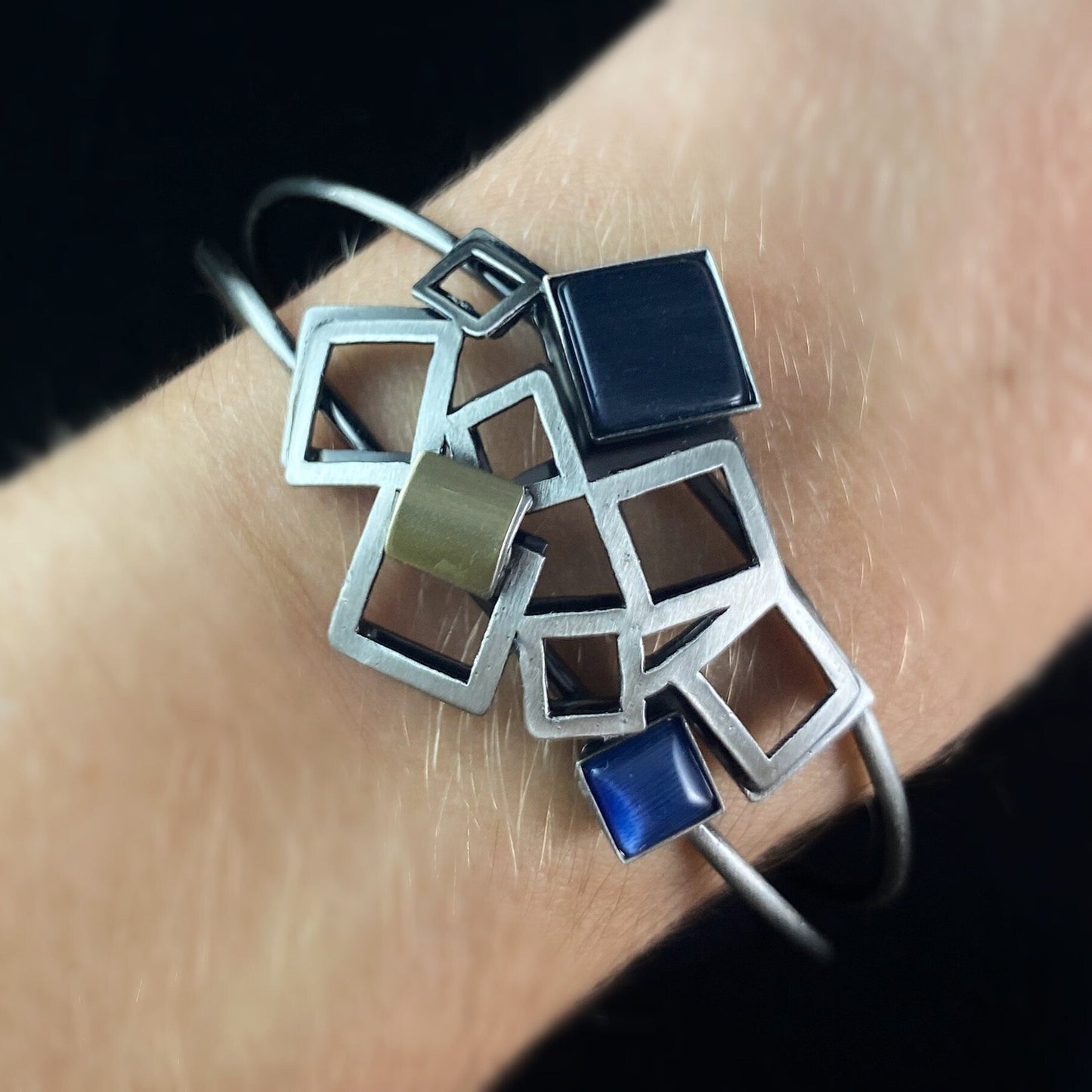 Lightweight Handmade Geometric Aluminum Bracelet, Blue and Silver Tumbling Boxes