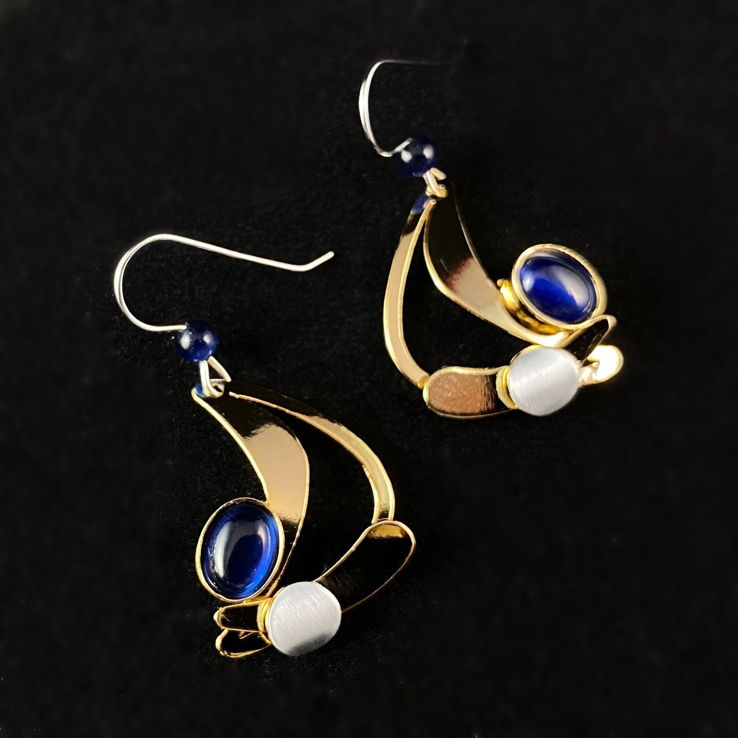 Lightweight Handmade Geometric Aluminum Earrings, Blue/Gold Half Moon