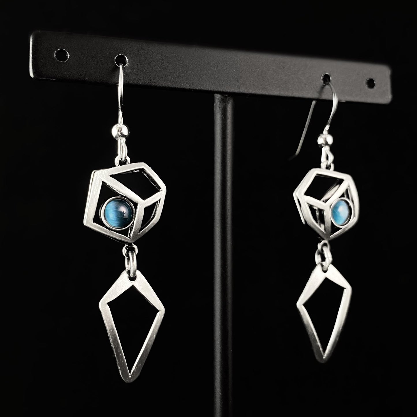 Lightweight Handmade Geometric Aluminum Earrings, Blue/Silver Cubist
