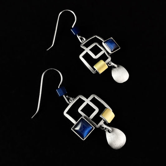Lightweight Handmade Geometric Aluminum Earrings, Blue/Silver, Layered Boxes