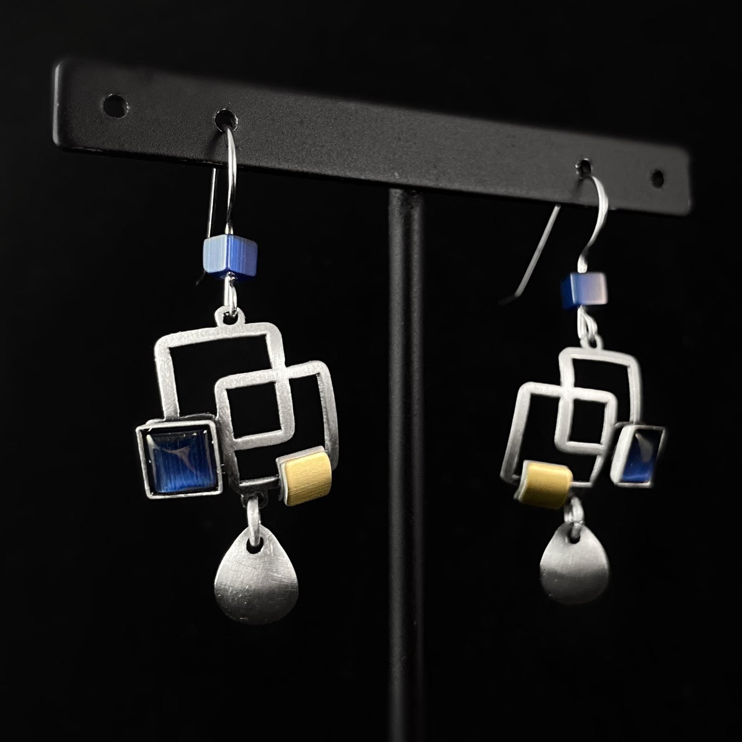 Lightweight Handmade Geometric Aluminum Earrings, Blue/Silver, Layered Boxes