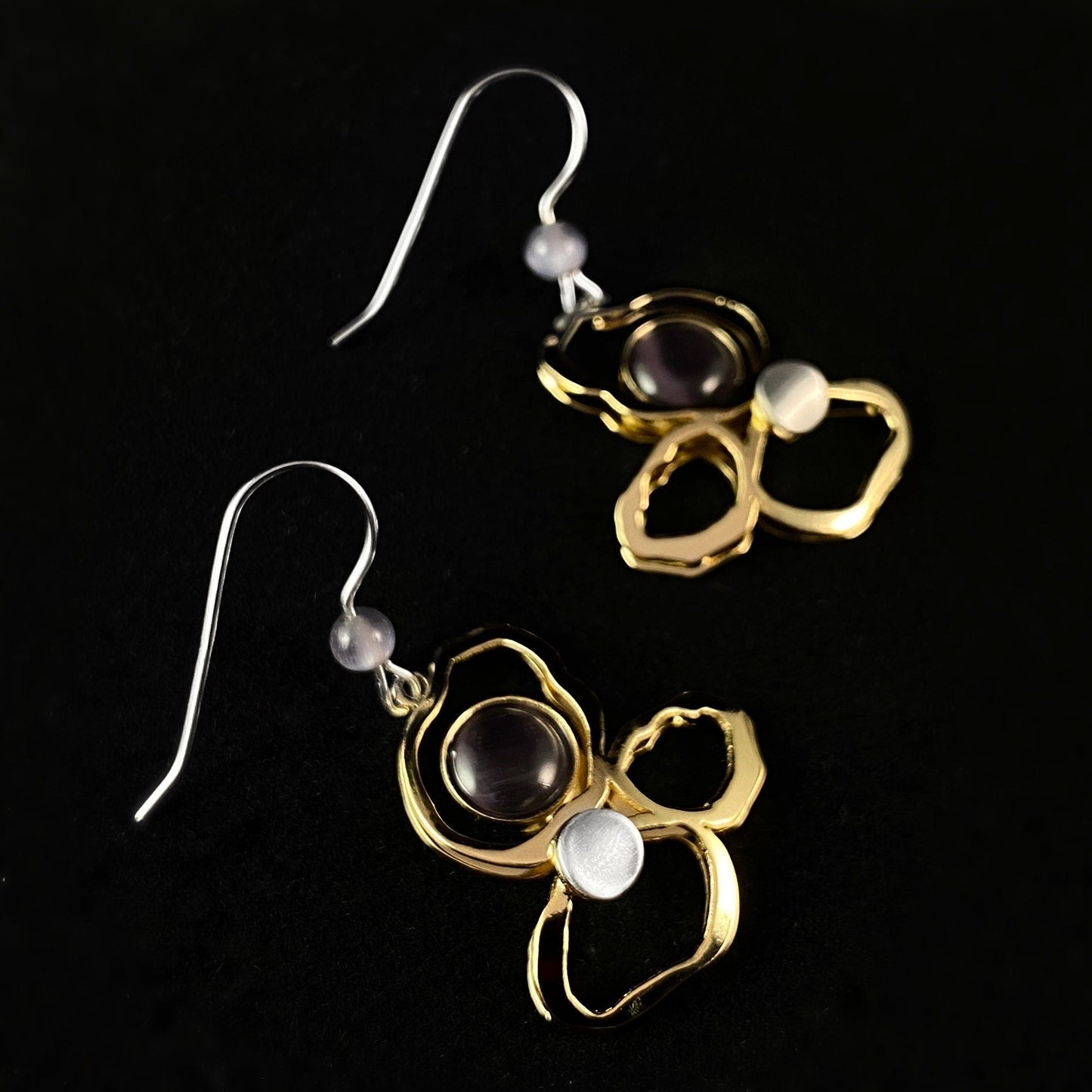 Lightweight Handmade Geometric Aluminum Earrings, Gold and Gray Clouds w/ Purple Stones