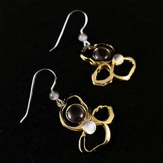 Lightweight Handmade Geometric Aluminum Earrings, Gold and Gray Clouds w/ Purple Stones