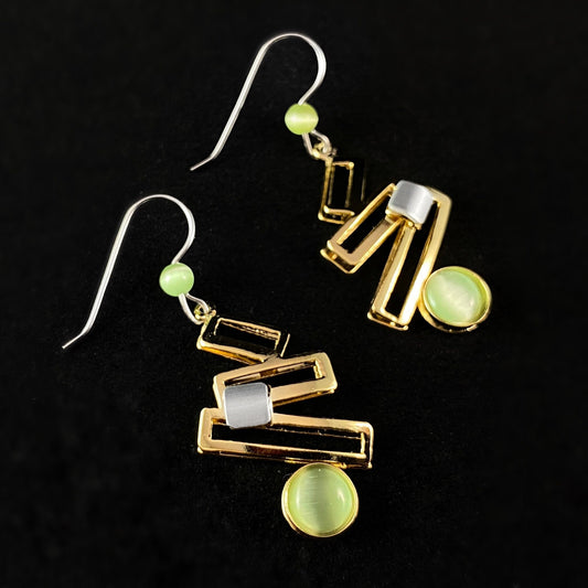Lightweight Handmade Geometric Aluminum Earrings, Green and Gold Ladder
