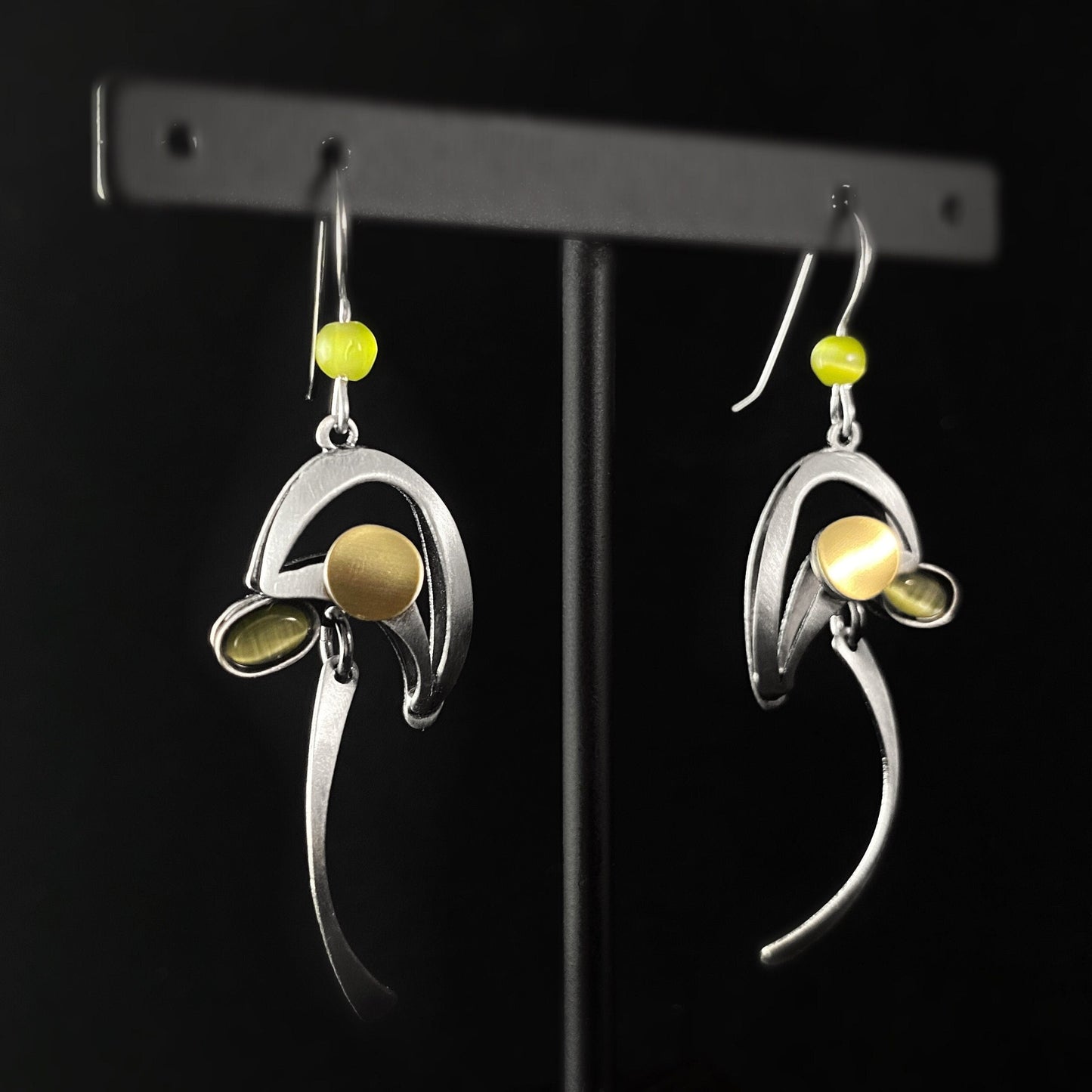 Lightweight Handmade Geometric Aluminum Earrings, Green and Silver Swoop