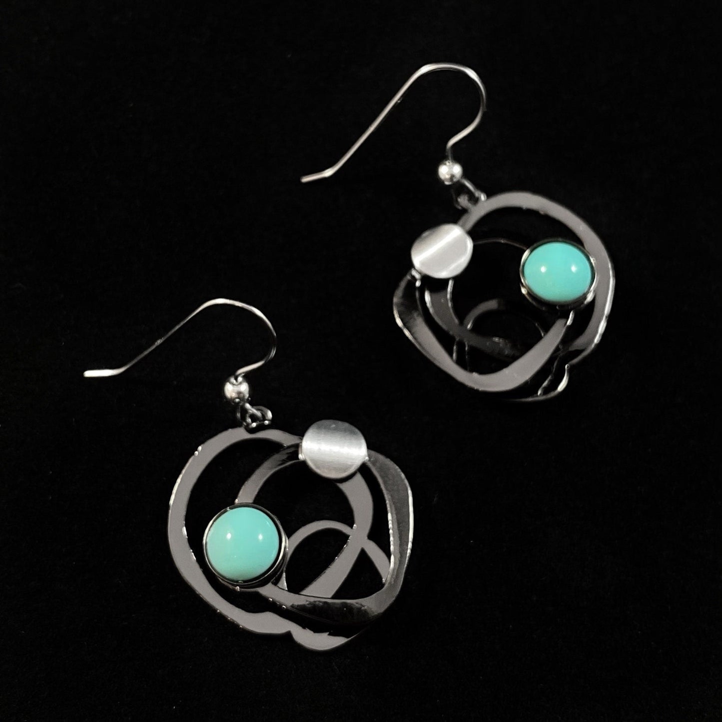 Lightweight Handmade Geometric Aluminum Earrings, Gunmetal and Aqua Blue