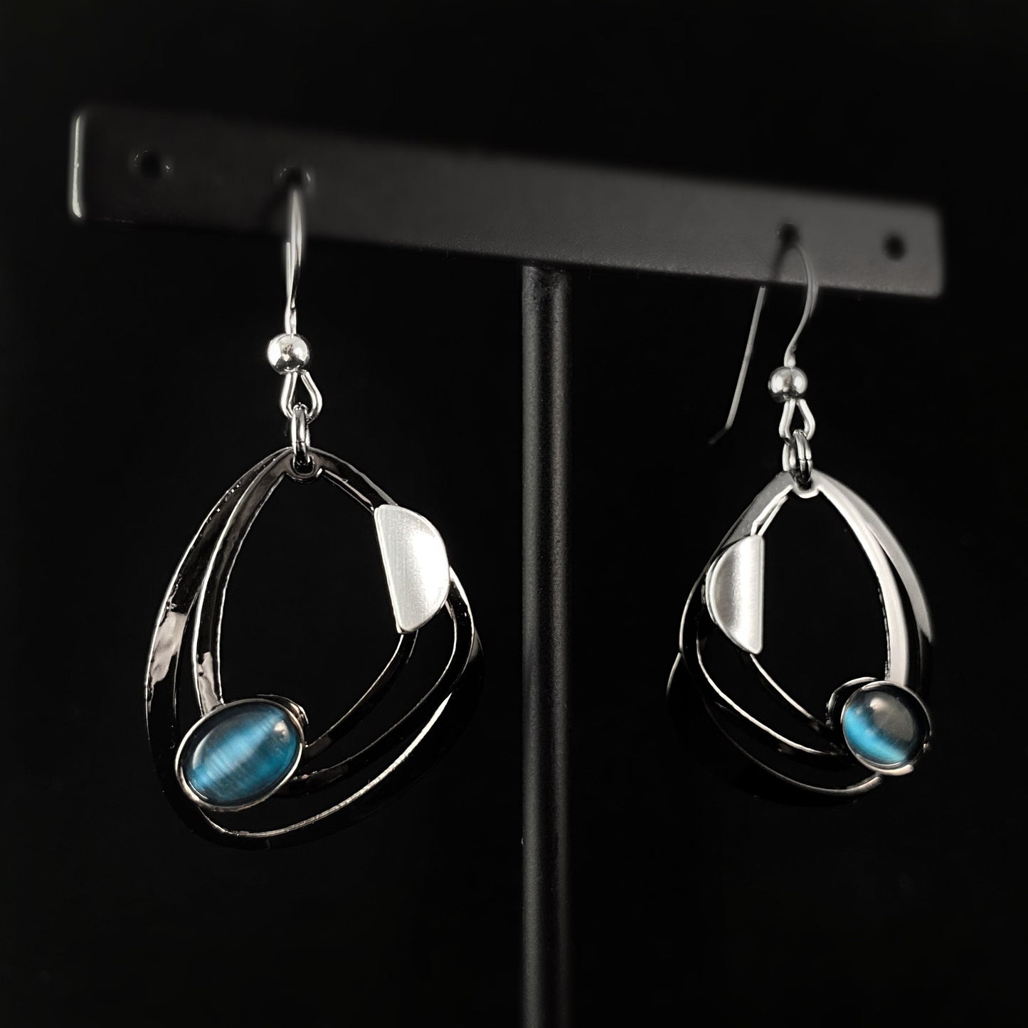 Lightweight Handmade Geometric Aluminum Earrings, Gunmetal and Blue Shapes