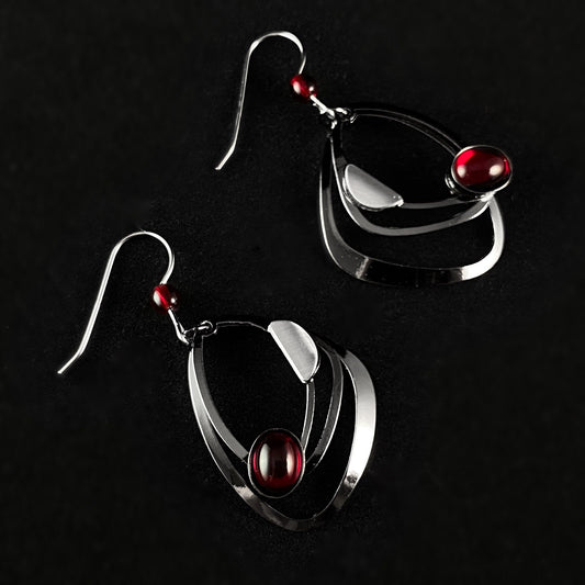 Lightweight Handmade Geometric Aluminum Earrings, Gunmetal and Red Abstract Ovals
