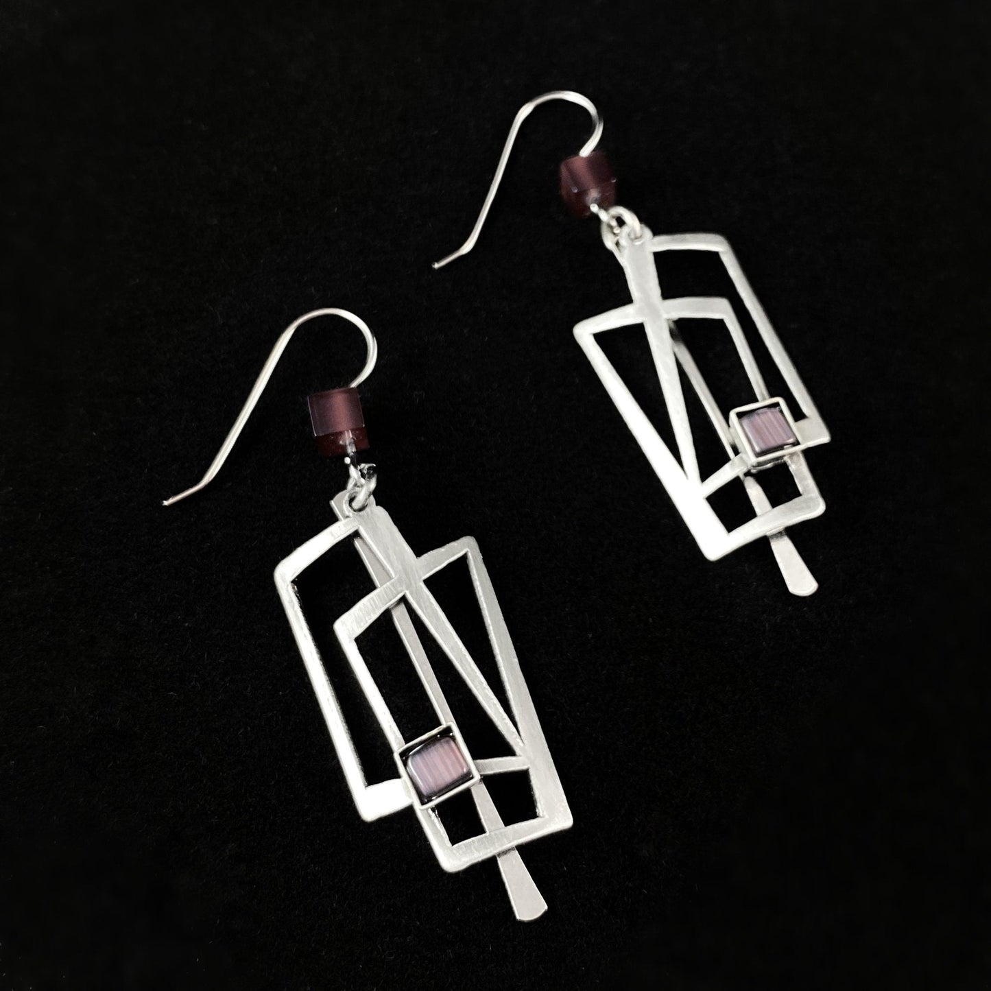 Lightweight Handmade Geometric Aluminum Earrings, Purple and Silver Rectangles