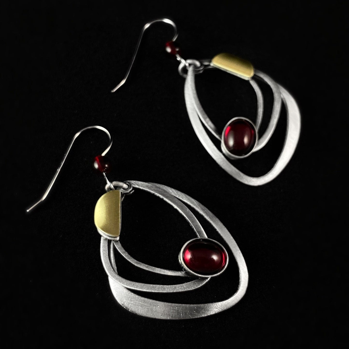 Lightweight Handmade Geometric Aluminum Earrings, Red and Silver Ovals w/ Gold Accent