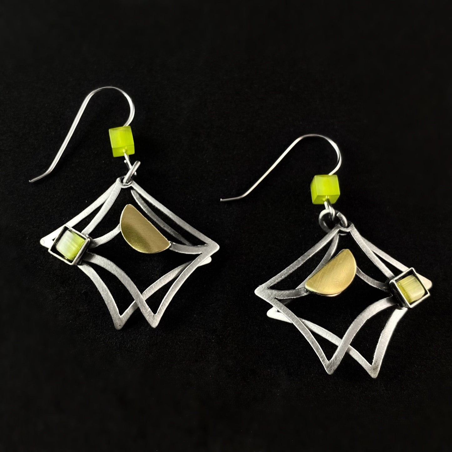 Lightweight Handmade Geometric Aluminum Earrings, Silver and Green
