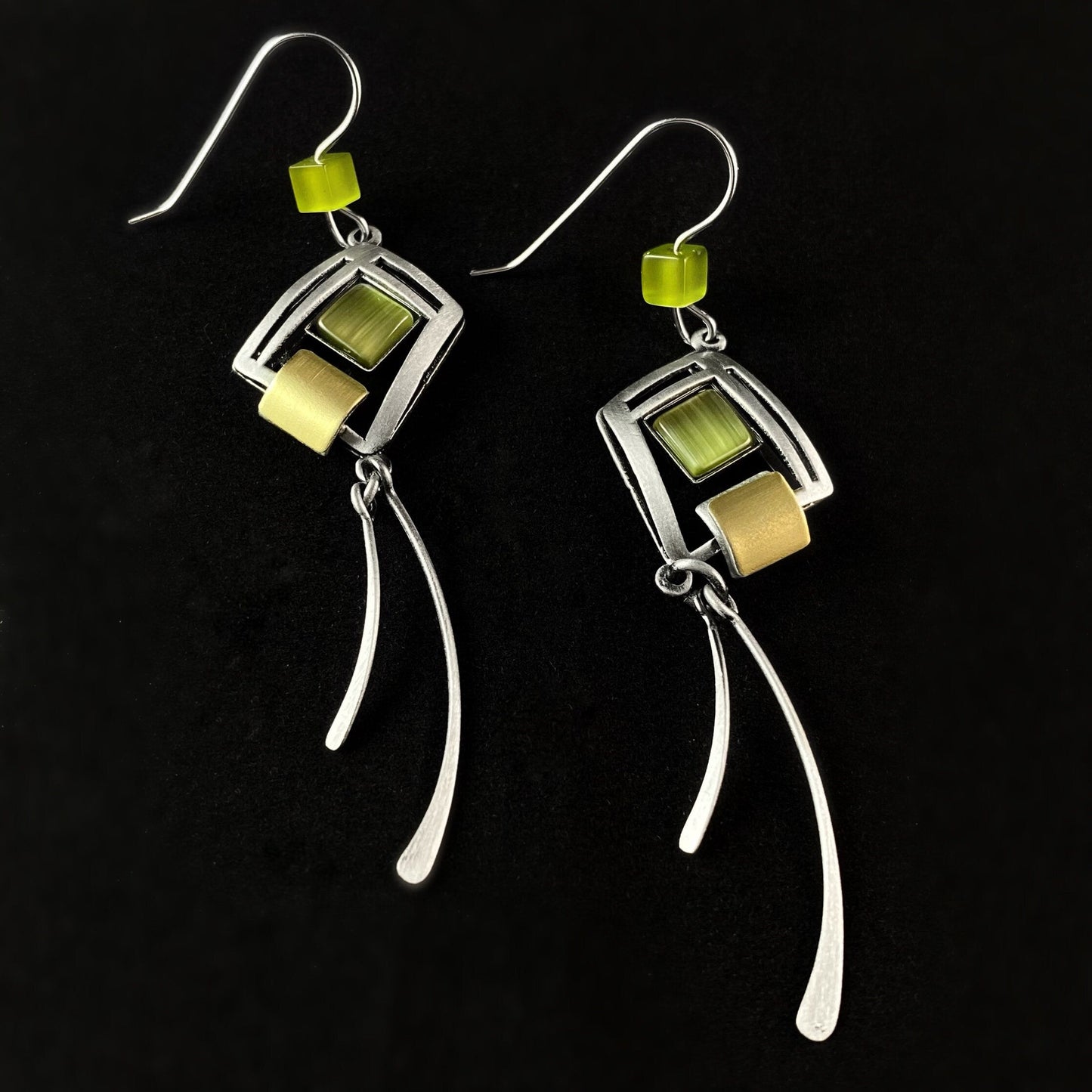 Lightweight Handmade Geometric Aluminum Earrings, Silver and Green