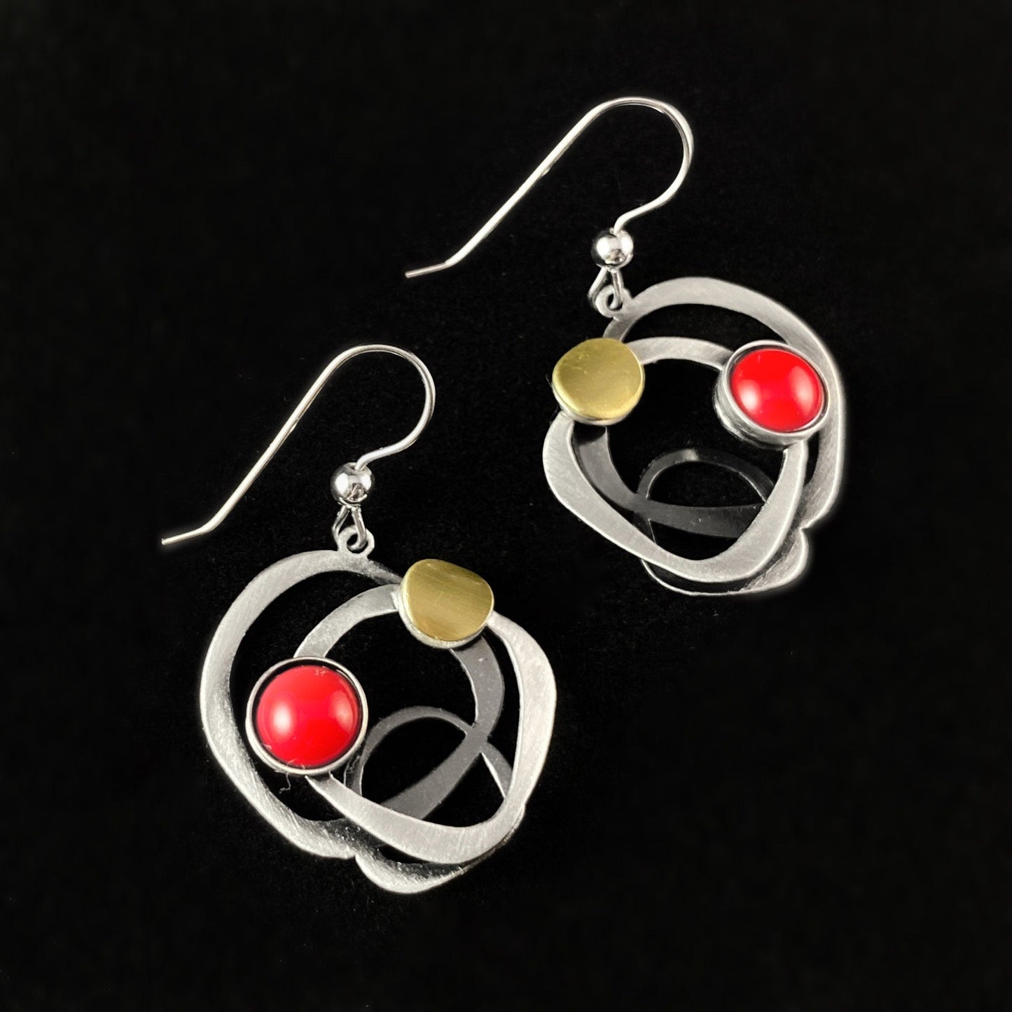 Lightweight Handmade Geometric Aluminum Earrings, Silver and Red Circles